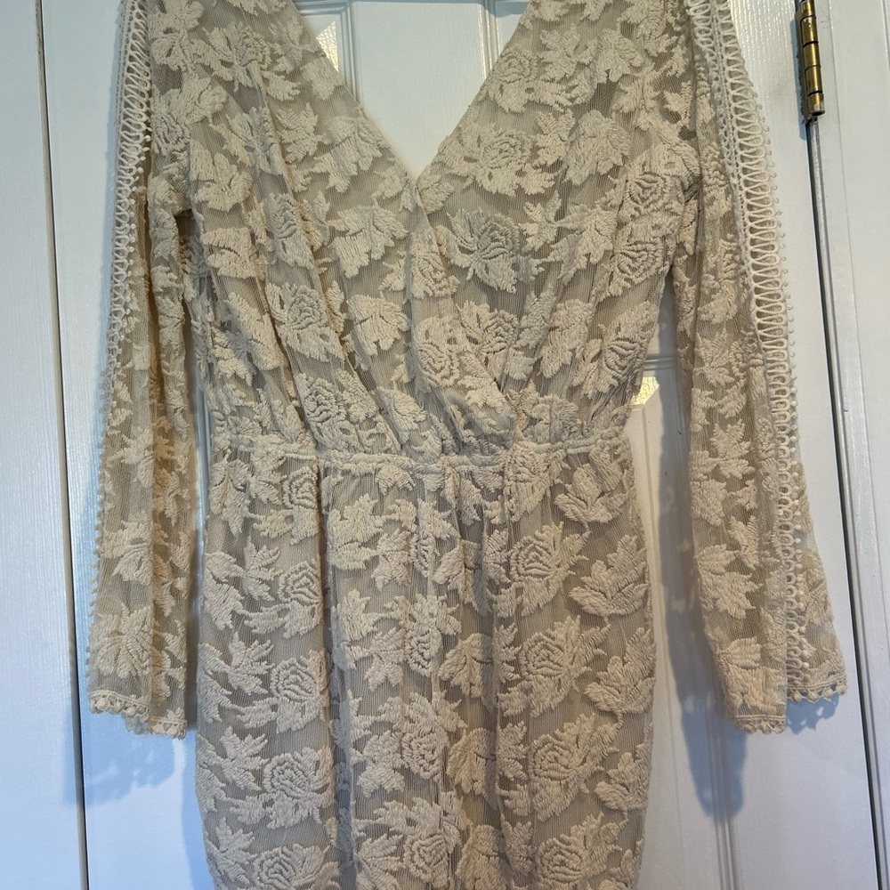 Lace Long-Sleeve Wrap romper in Cream